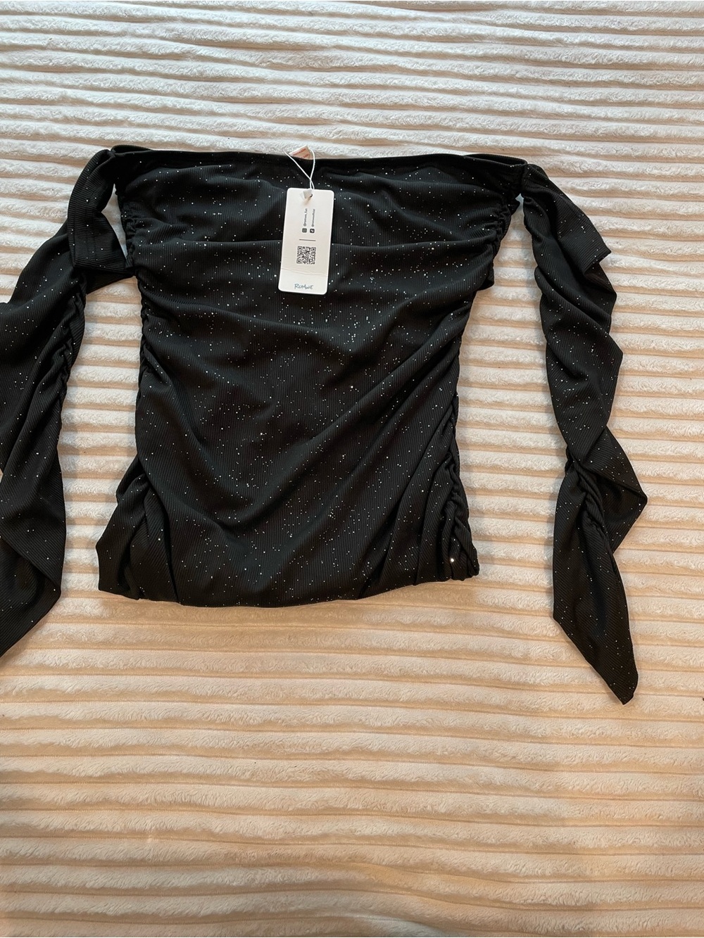 ROMWE Black Off-Shoulder Sparkle Long-Sleeve Top